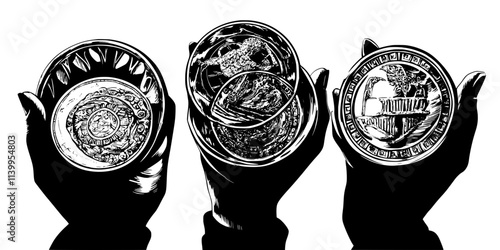 A person holding several ancient coins from different historical periods and regions, Vector Graphic