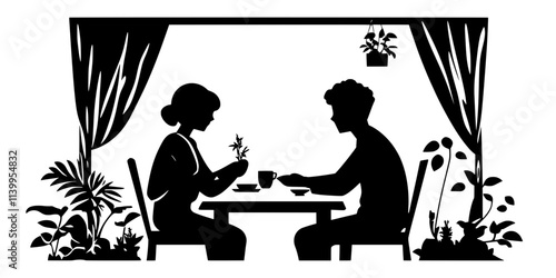 Person learning language from a host family member during a homestay, one-on-one conversation, Vector Graphic