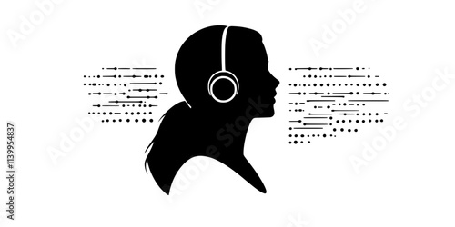 A person listening to an audio track of foreign phrases for language practice, Vector Graphic