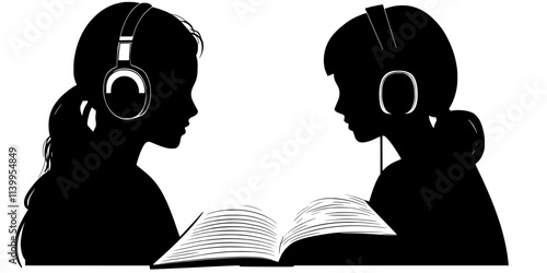 A person listening to a language learning podcast using headphones, Vector Graphic