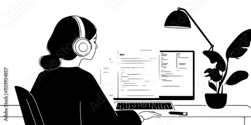 A person listening to vocabulary drills on a language learning podcast, Vector Graphic