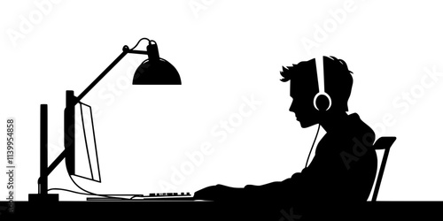 A person listening to grammar explanations from a language podcast episode, Vector Graphic