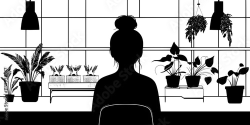 Person monitoring plant growth in a hydroponic system on a windowsill, Vector Graphic