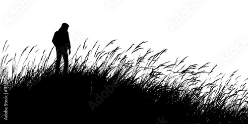 A person moving through tall grasses in a remote wilderness area, Vector Graphic