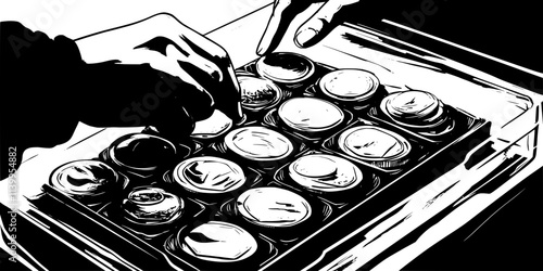 A person organizing a set of commemorative coins inside a clear protective case, Vector Graphic