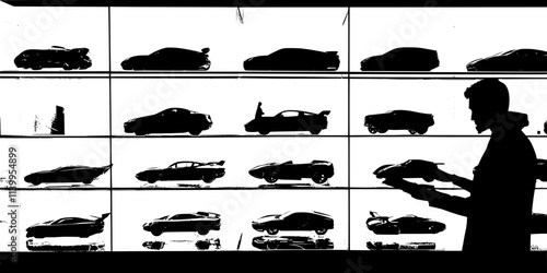 A person organizing die-cast cars inside a designated collector’s display case, Vector Graphic
