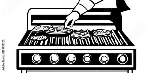 A person placing food onto a preheated grill for preparation, Vector Graphic