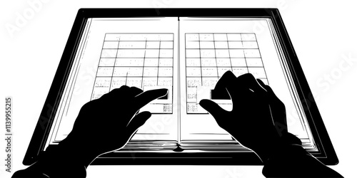 A person placing a single stamp inside a large stamp album in a quiet room, Vector Graphic