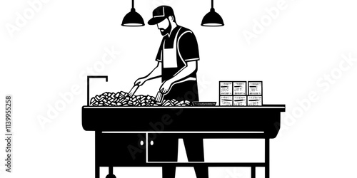 A person preparing wood chips in a smoker for slow-cooking food, Vector Graphic