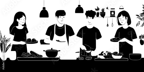 Person preparing food with host family during homestay, collaborative cooking experience, Vector Graphic