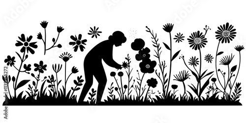 Person pruning the stems of perennial plants in a large outdoor flower bed, Vector Graphic