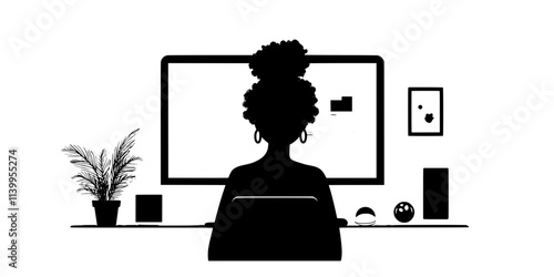 A person reading an article in a foreign language on their computer screen, Vector Graphic