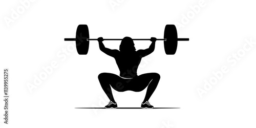 Person practicing thrusters, squatting with a barbell and pressing it overhead, Vector Graphic