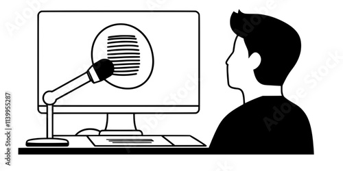 A person repeating phrases while listening to a language podcast episode, Vector Graphic