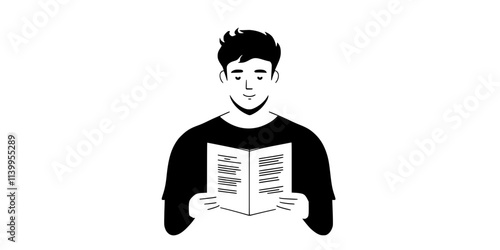 A person reading grammar explanations from a foreign language guidebook, Vector Graphic