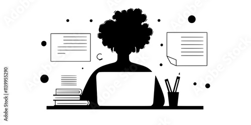 Person practicing verb tenses during a grammar session, workbook open, pen in hand, Vector Graphic