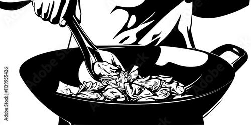 A person stir-frying meat and vegetables in a heated wok, Vector Graphic