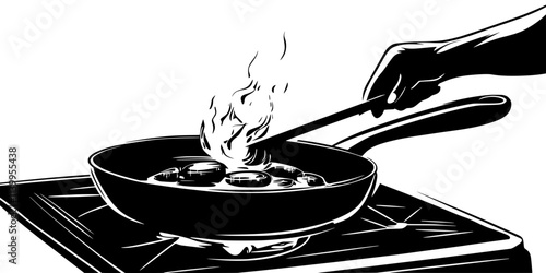 A person stir-frying ingredients in a pan over a stovetop flame, Vector Graphic