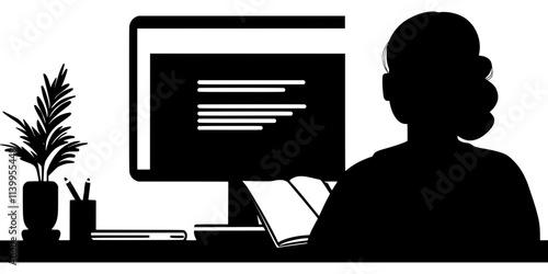 A person taking notes while watching an online language course, Vector Graphic