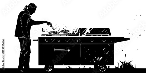 A person tending to a smoker while food smokes inside, Vector Graphic