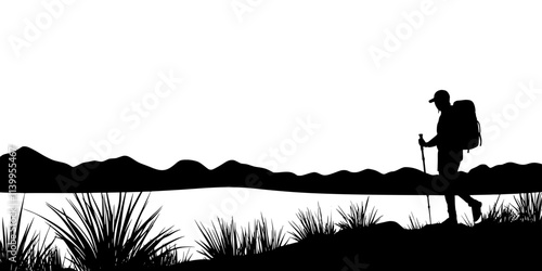 A person trekking across open plains as part of a multi-day hike, Vector Graphic