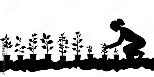Person transplanting vegetable seedlings into a garden bed outside a rural home, Vector Graphic