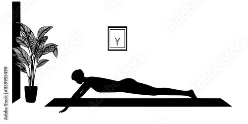 A person transitioning from high plank to low plank, maintaining form in a heated studio, Vector Graphic
