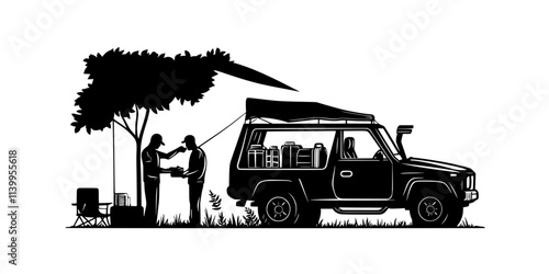 A person unloading supplies from a vehicle parked near an open campsite, Vector Graphic