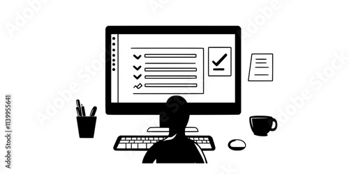 A person typing responses for a language assessment in an online course, Vector Graphic