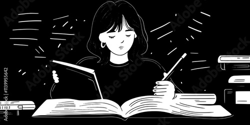 Person underlining verb conjugations in a foreign language workbook, focused on grammar, Vector Graphic