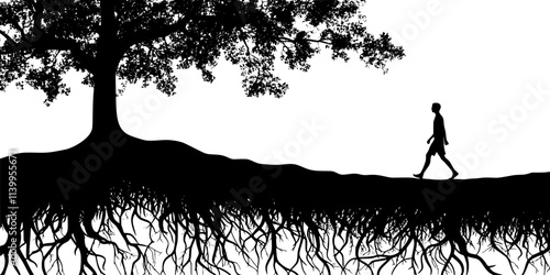 Person walking along a trail in a forest with visible roots on the ground, Vector Graphic