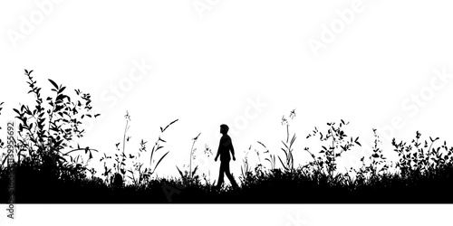 A person walking through a field of tall grasses and bushes, Vector Graphic