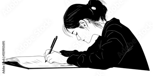 Person writing a personal letter in a foreign language during a lesson, paper and pen, Vector Graphic