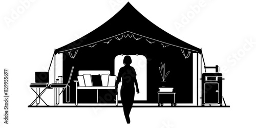 Person walking toward a prepared tent with furniture and amenities, Vector Graphic