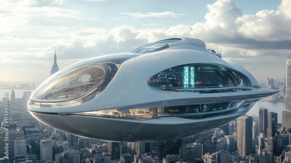 Fototapeta premium Futuristic Vessel Soaring Above A Modern Cityscape