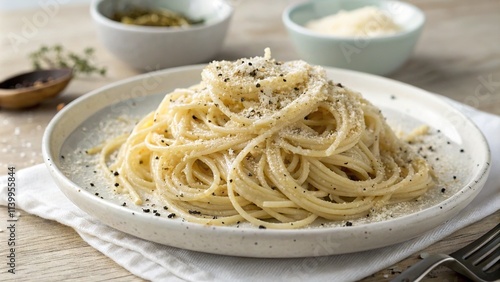 A simple yet elegant plate of Spaghetti Cacio e Pepe, featuring al dente pasta coated in Pecorino Romano cheese and cracked black pepper, served on a white plate in soft, natural lighting.