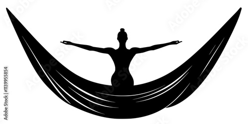 A practitioner transitioning from an inverted pose into a backbend while suspended in fabric, Vector Graphic