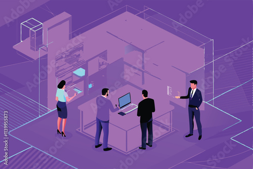 Architects collaborate on innovative smart building designs, utilizing advanced technology and sustainable materials.  A brainstorming session showcasing futuristic architectural models.