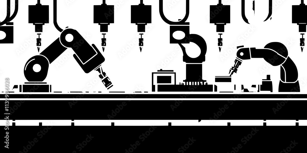 A robotic system being set up to automate repetitive tasks in a production line, Vector Graphic