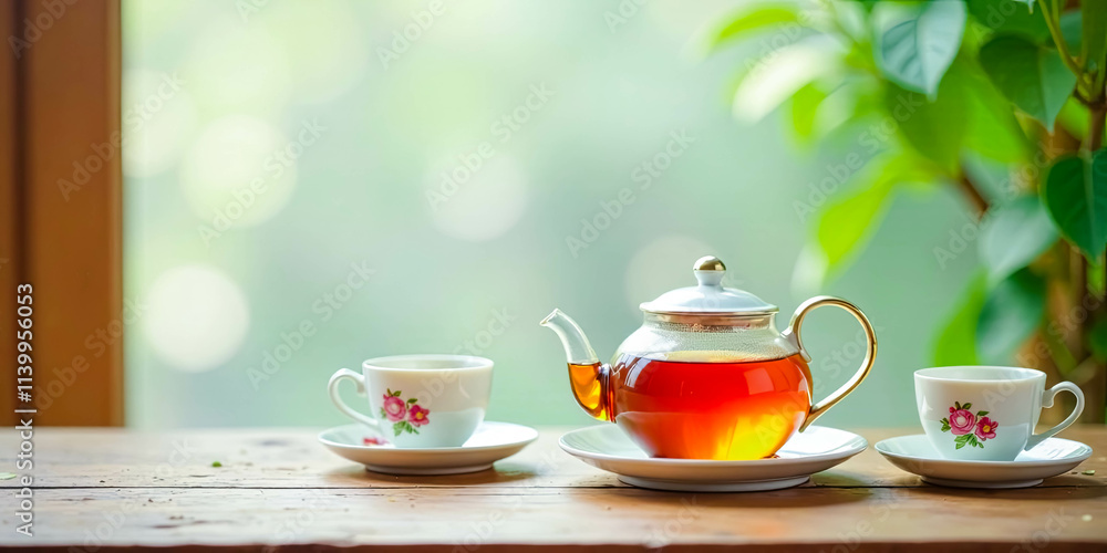 A Serene Tea Time Glass Teapot and Delicate Teacups on Wooden Table A Serene Tea Time Glass Teapot and Delicate Teacups on Wooden Table