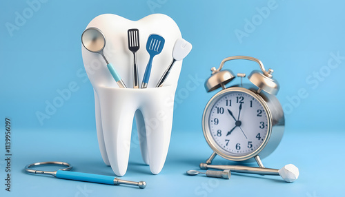 Tooth model with medical instruments, piggy bank and alarm clock on blue background. Investing in dental health care isolated . Shades of white., png