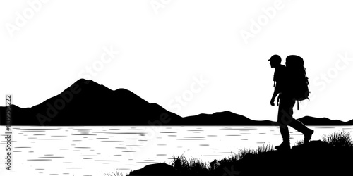 A solo hiker walking along a long-distance trail with a large backpack, Vector Graphic