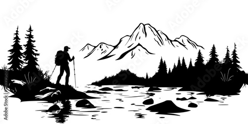 A solo hiker crossing a wide riverbed in a wilderness area, Vector Graphic