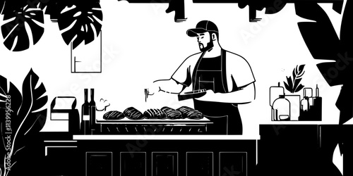 A smoker heating up while food smokes inside for several hours, Vector Graphic