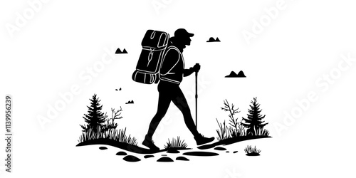 A solo hiker walking along a long-distance trail with a large backpack, Vector Graphic