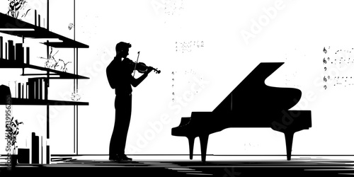 Solo violinist practicing scales in a quiet room with sheet music, Vector Graphic