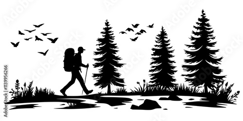 A solo hiker walking with a large backpack along a forest trail, Vector Graphic