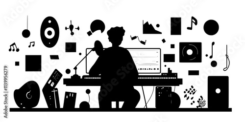 A sound designer blending instruments and effects to build a deep cinematic atmosphere, Vector Graphic