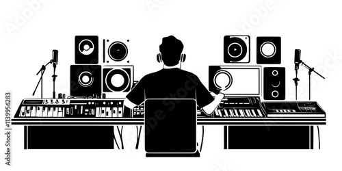 A sound engineer layering multiple foley recordings to create a cohesive sound effect, Vector Graphic