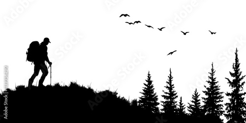 A solo thru-hiker trekking along a remote trail with no clear endpoint visible, Vector Graphic